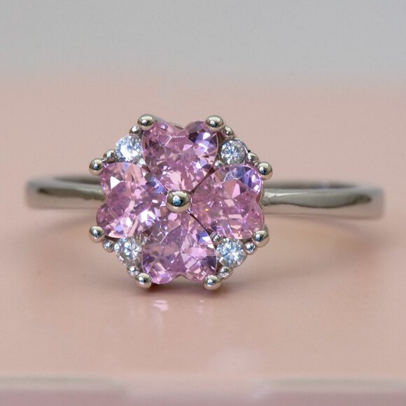 Pink 4 Leaf Clover Cubic Zirconia Ring, Sterling Silver Stamped 925, Size 6 - Picture 2 of 10